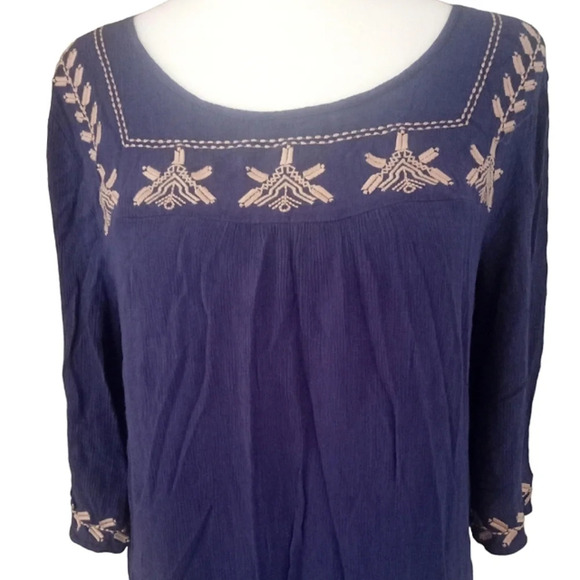 Umgee Blue Tan Embroidered Boho Lightweight Cotton Blend Tunic Top Size Large - Picture 5 of 9